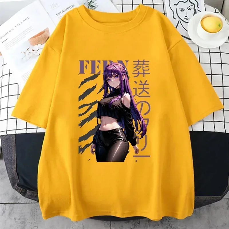 111 www كارتون لطيف Frieren Famale تي شيرت Beyond Journey's End مانغا مطبوعة الصيف تيز لينة 100% قطن حجم كبير المرأة Stre #5
