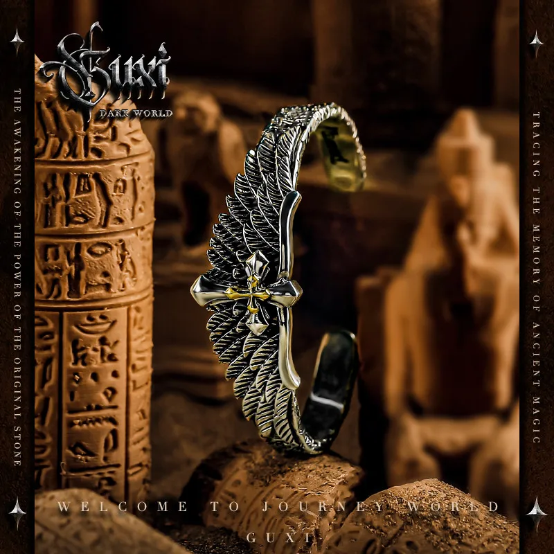 

European and american trendy hip-hop punk cross 925 silver bracelet men's personalized retro feather wings bracelet trendy