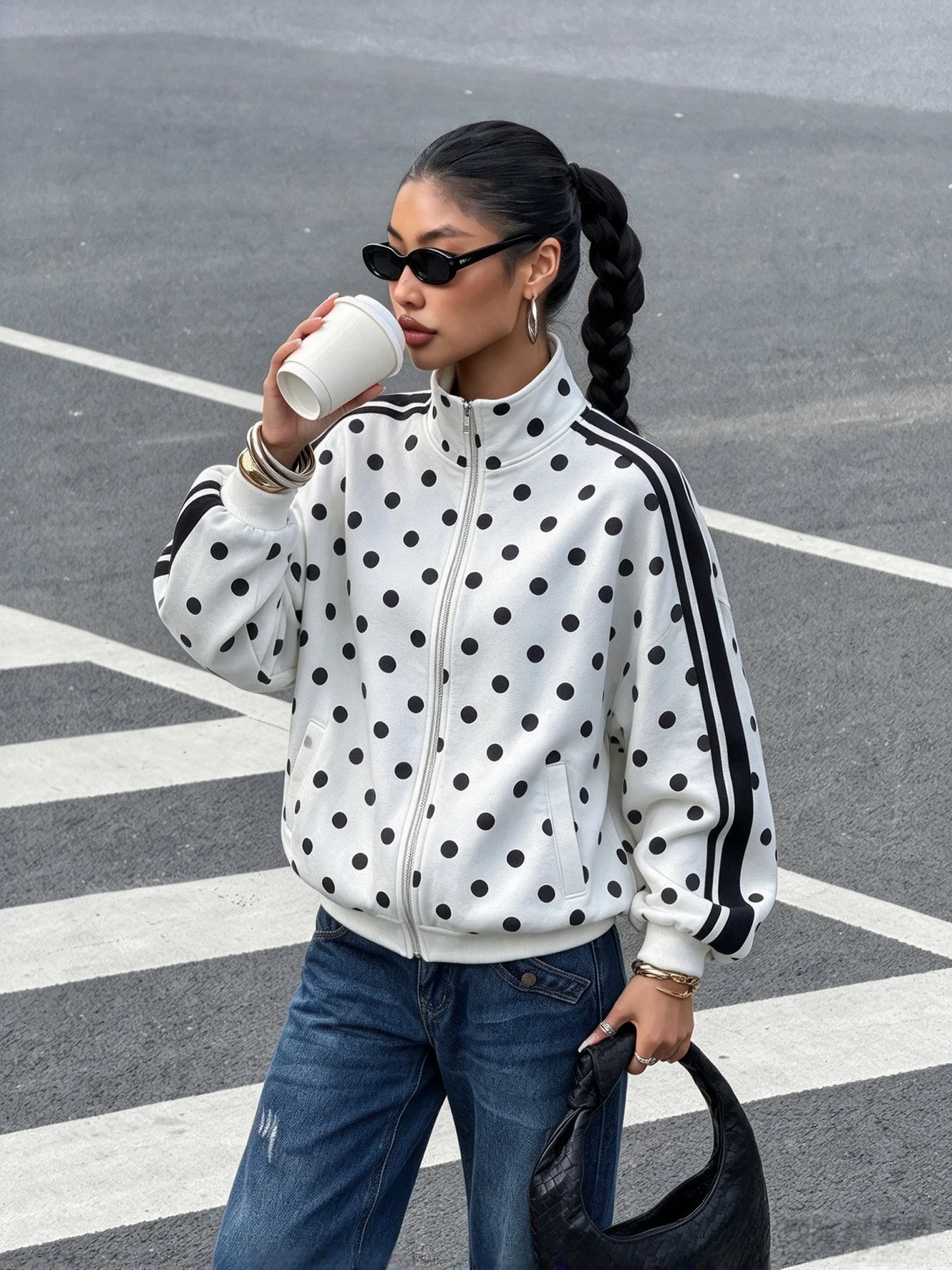 Women Fall Winter Polka Dot Side Stripe Stand Collar Zip Up Jacket Loose Casual Sports Sweatshirt