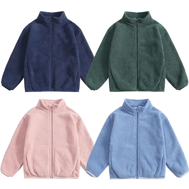 Boys Girls Polar Fleece Jacket Autumn Winter Thickened Warm Zipper Coat Kids Solid Color Loose Outerwear 2-10 Years