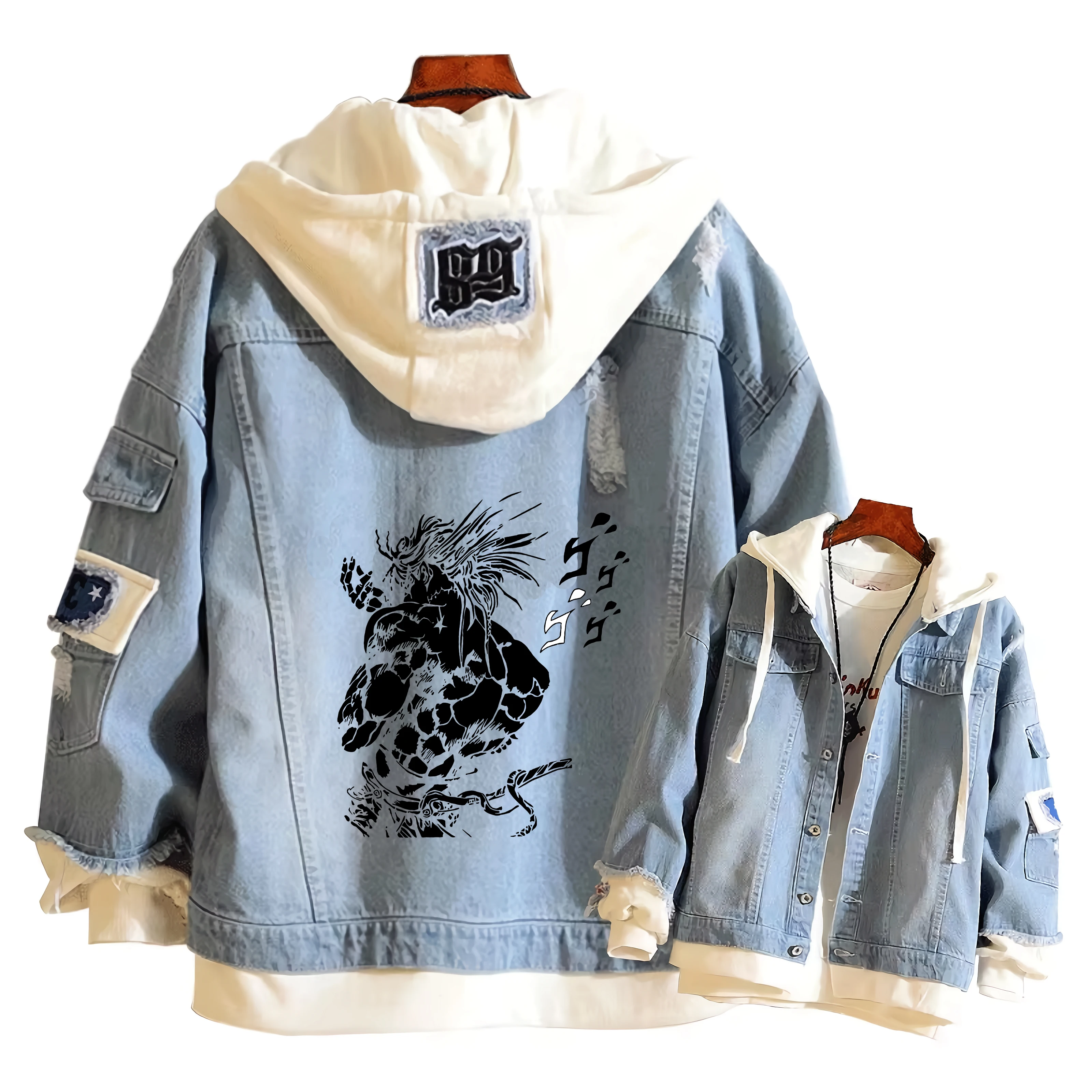 JoJo's Bizarre Adventure Punk Women Jeans Jacket Anime Denim Hooded Streetwear Boys Hoodies Couple Harajuku Long Sweatshirt
