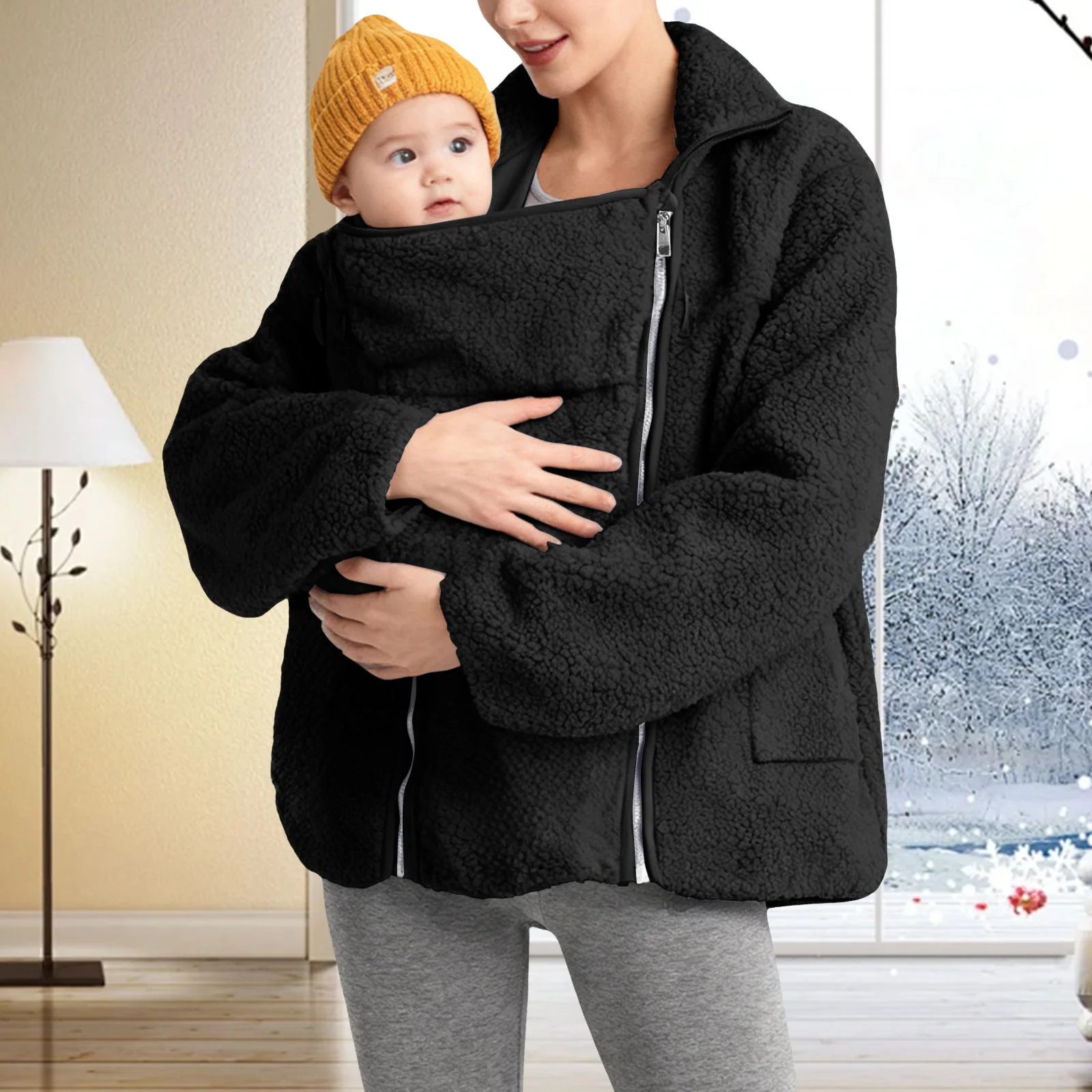 Warm Fleece Women Zip Up 2 In 1 Baby Carrier Bag Sweatshirts Maternity Winter Thicken Solid Plush Jacket With Large Baby Pocket