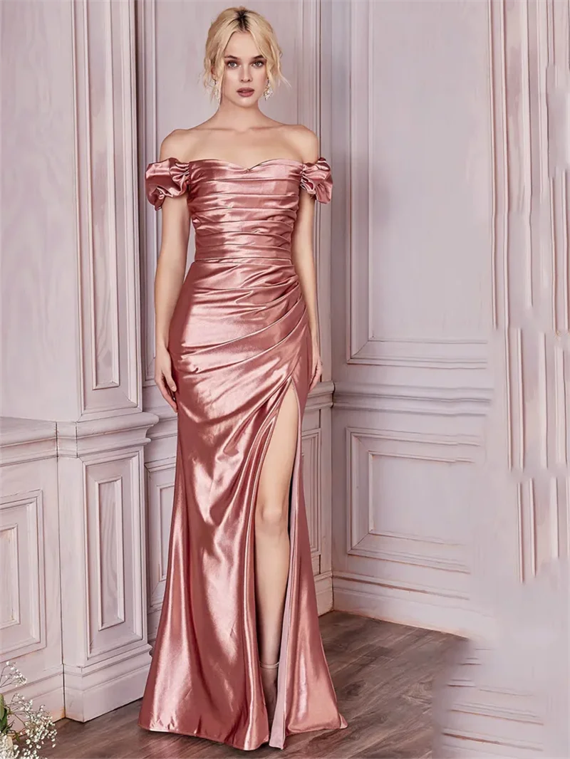 Jirocum Eenvoudige Off Schouder Avondjurken vrouwen Zeemeermin Geplooide Formele Gelegenheid Gown Zijsplit Vloerlengte Party Prom Dress