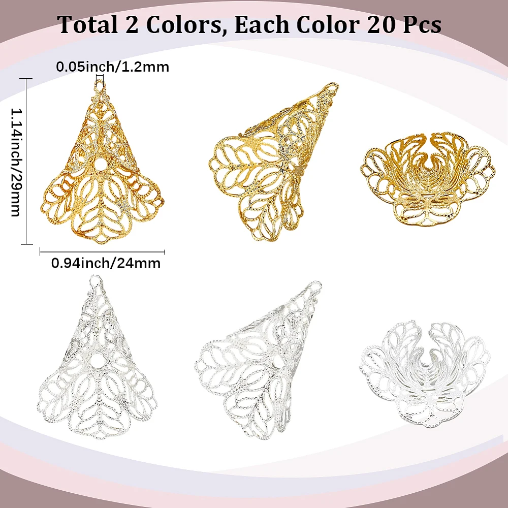 1 Box 40Pcs Gold Flower Bead Caps Silver Flower Spacer Beads Metal Filigree Glossy Hollow Floral Trumpet Shape End Charm Caps