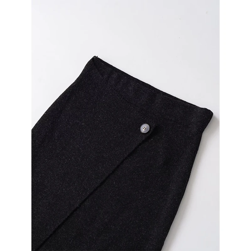 YENKYE Dark Gray Knit Wrap Midi Skirt Women Front Button Asymmetrical Hem Elegant Winter Skirts