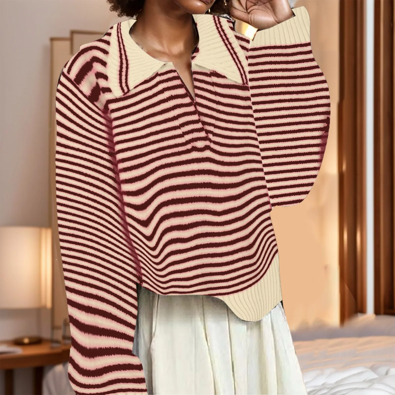 

Women'S French Retro Striped Knit Sweater Korean Version Of Fashion Beautiful Sweater With A Lazy Relaxed Casual Pullover