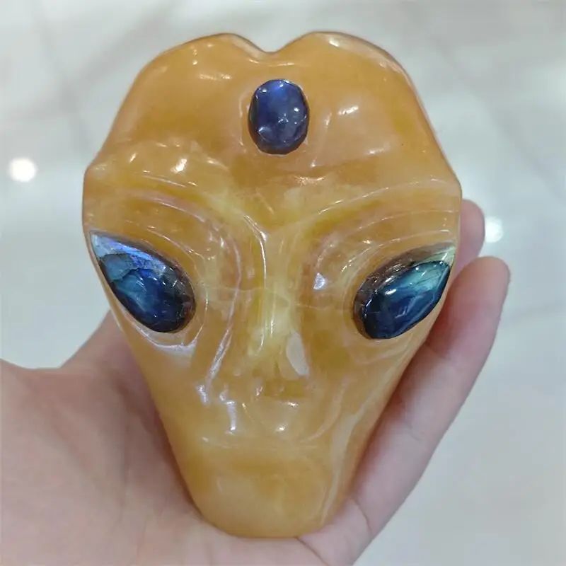 Natural Orange Calcite Labradorite Eye Quartz Alien Carving Figurine Healing Gemstones Crafts Gift Home Decoration 1PCS