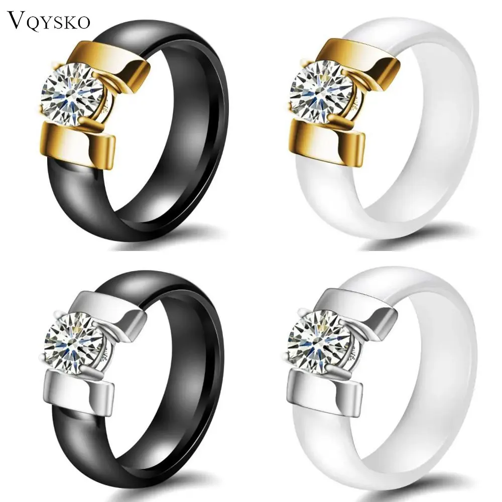 Bagues en céramique blanche et noire pour femme, en acier inoxydable, cubique, contre-indiqué, bijou de mariage et de fiançailles, 6mm