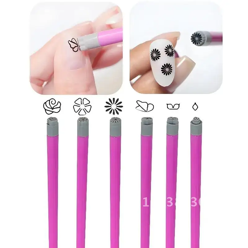 Ensemble de stylos à tampons pour Nail Art, plaque de stylo à ongles en forme de fleur avec motifs en gel de silice, Kit de tampons à points pour femmes, Art différent, 6 pièces