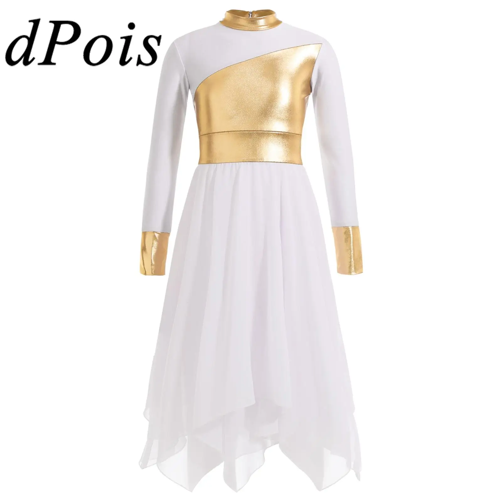 Kids Girls Spiritual Dance Dress Lyrical Gowns Long Sleeve Metallic Patchwork Liturgical Praise Church Worship Costume Dancewear