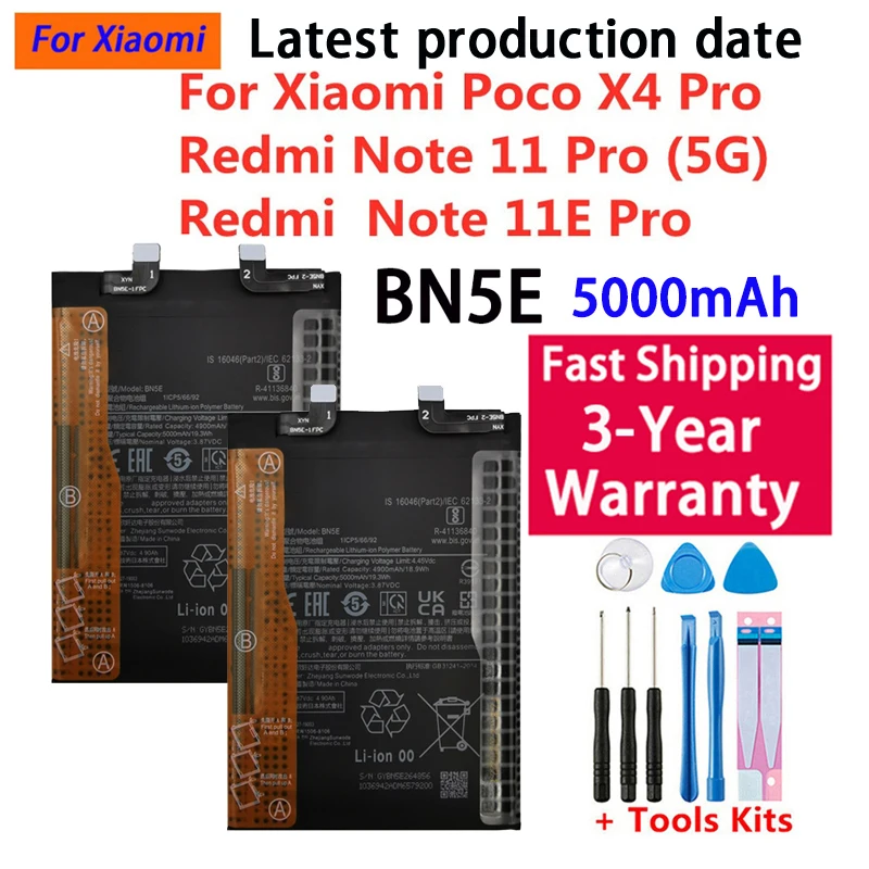 100% BN5E Battery For Xiaomi POCO X4 PRO / Redmi Note 11 Pro / 11E Pro 5G High Quality Phone Battery 5000mAh