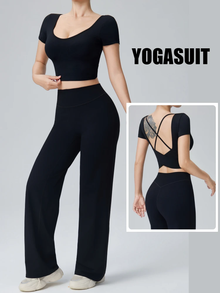 2-teiliges Set Damen Gym Sport Yoga Anzug, einfarbig, rückenfreie Yoga-Unterwäsche mit Brustpolster, hochtaillierte Push-Up-Hose mit weitem Bein – Detail 4