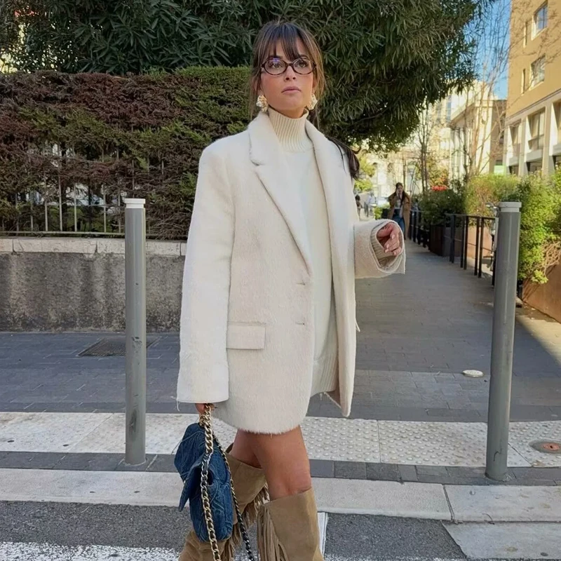 MUJER 2025 Faux FUR Blazers ผู้หญิงแฟชั่น Outerwears ตรงยาว Blazer ผู้หญิงแขนยาวเสื้อโค้ทและแจ็คเก็ตใหม่สําหรับผู้หญิง