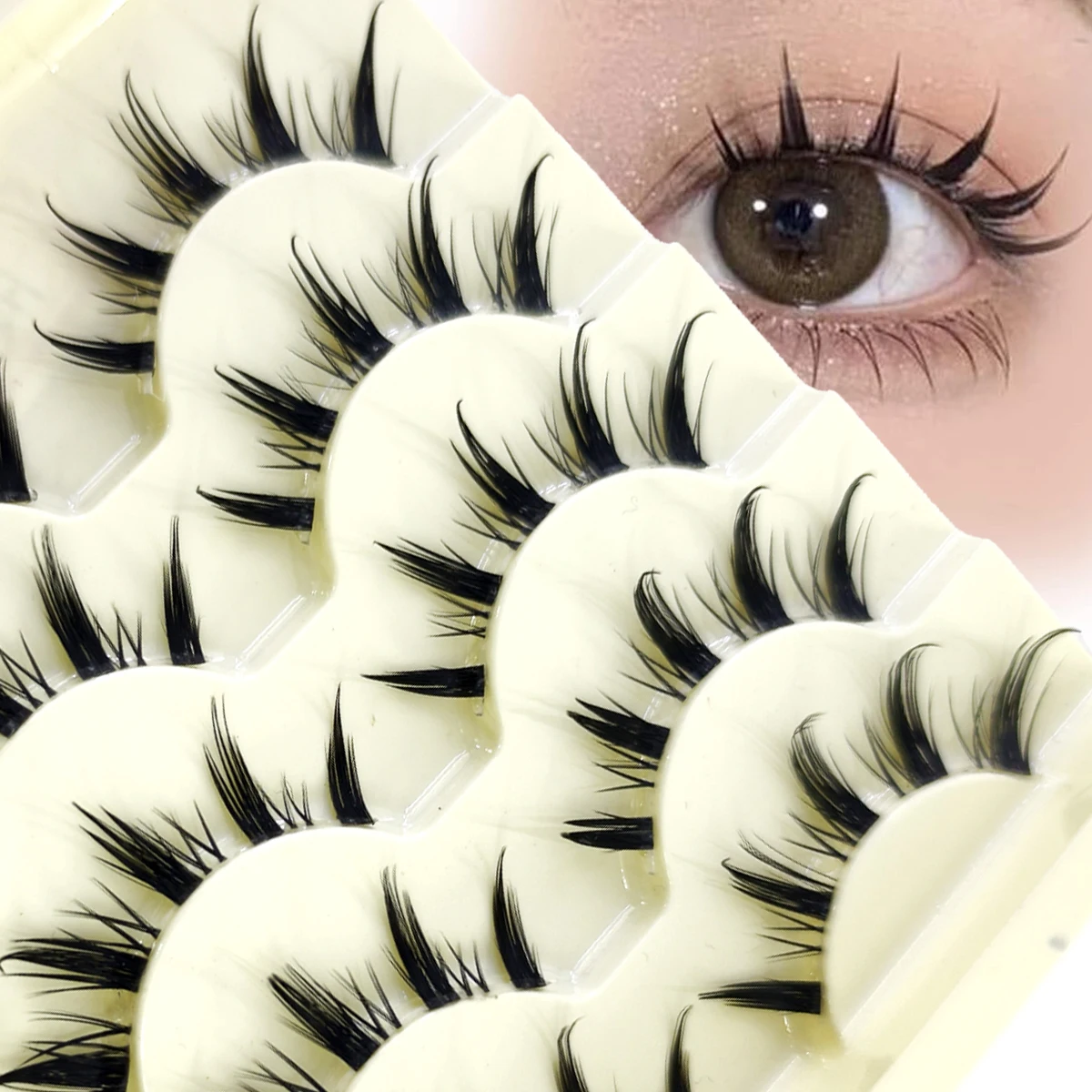 5 Paar Manga-Wimpern, natürliche, lange Cosplay-Make-up-Kreuzstreifen-Kunstwimpern, schwarze Wimpern und Katzenaugen-Wimpern, 5 Paar