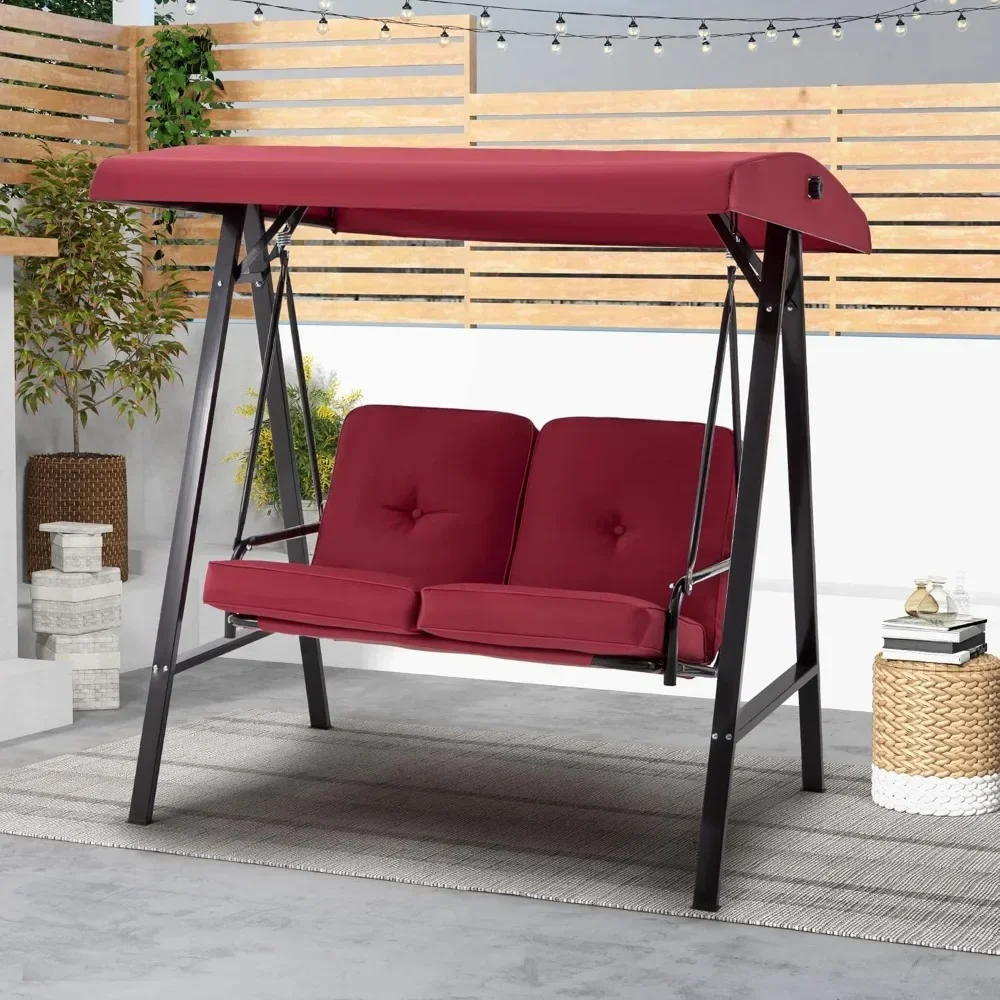 Outdoor Patio Swing Chair for Adults, 2-Seat Porch Swings with Adjustable Canopy, Outside Swing Bench with Removable Cushion