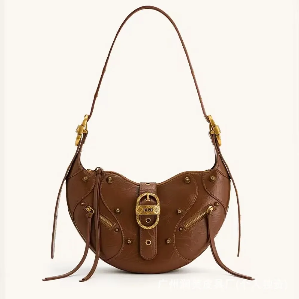 JW Pei Croissant Bag en cuir ciré, grande capacité, épaule/bandoulière moto, sensation luxueuse. Sac sous les bras