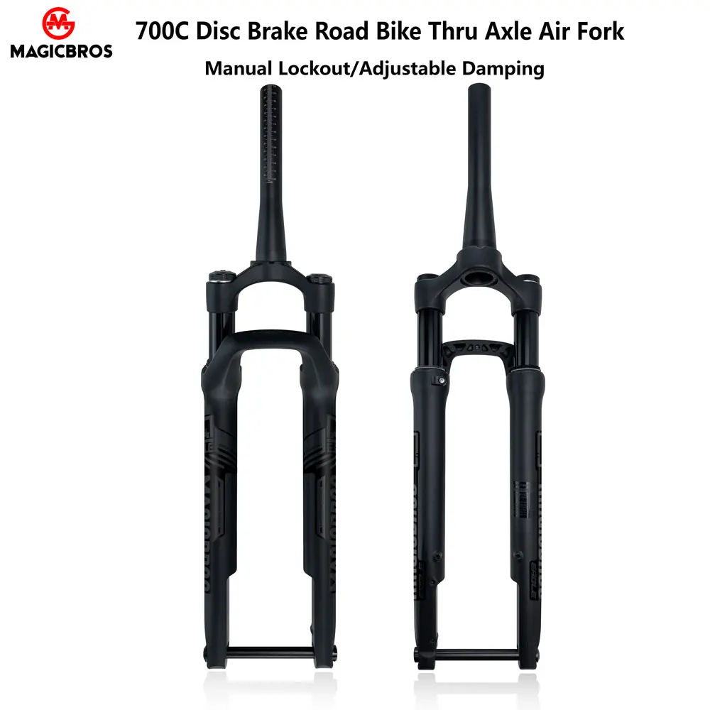 

MAGICBROS Road Bicycle Air Fork 60mm Travel 700C Off-Road Shock Disc Brake 100*12mm Thru Axle Road Bike Air Suspension Fork