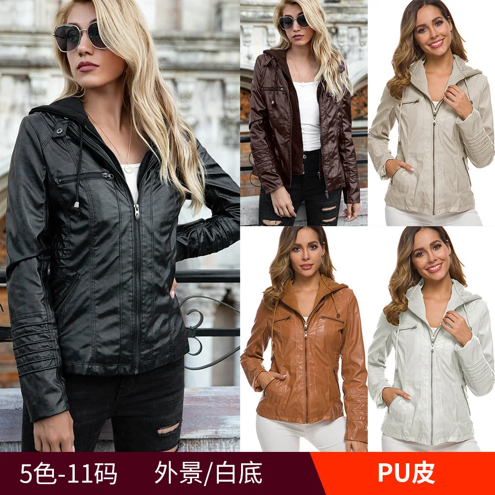 

2025 Hooded Leather Jacket Two-piece Set Removable Large Size Leather Jacket Women's Spring and Autumn Jacket Women's PU Wash