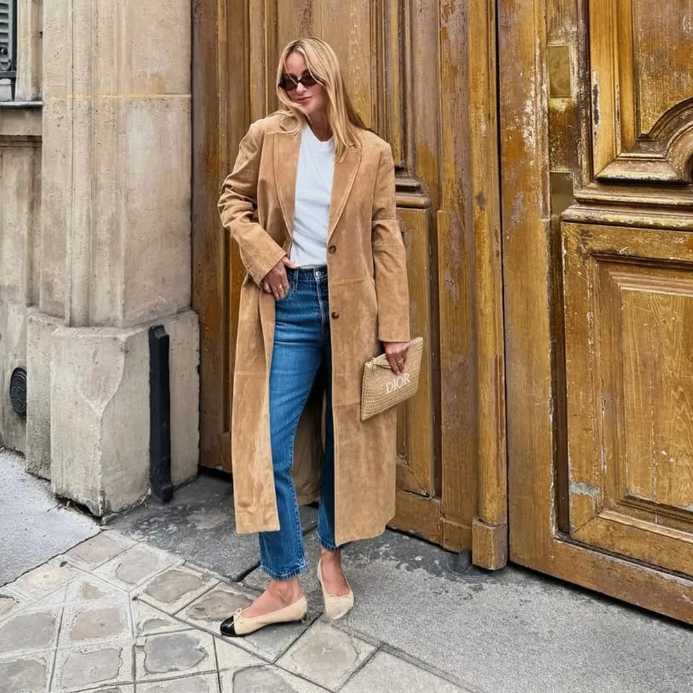 

KONDALA Casual Suede Leather Long Jackets Women V Neck Buttons Long Sleeve Coats Fashion 2025 Fall Winter Streetwear Outwears