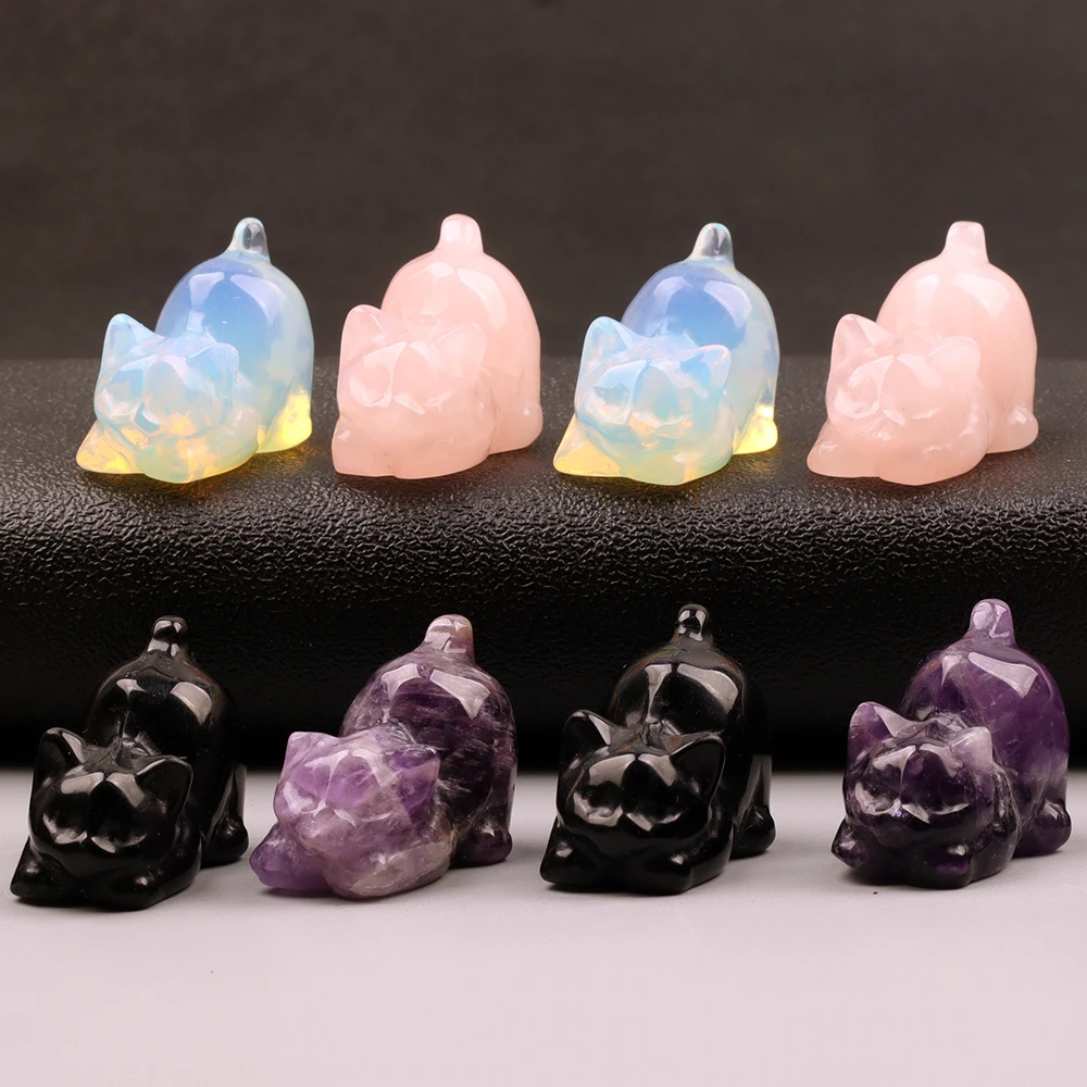Crystal Energy Stones Carved Rose Quartz Cute Cat Figurine, Natural Stone Cartoon Toy, Jade Mini Craft, Obsidian Chakra Decor
