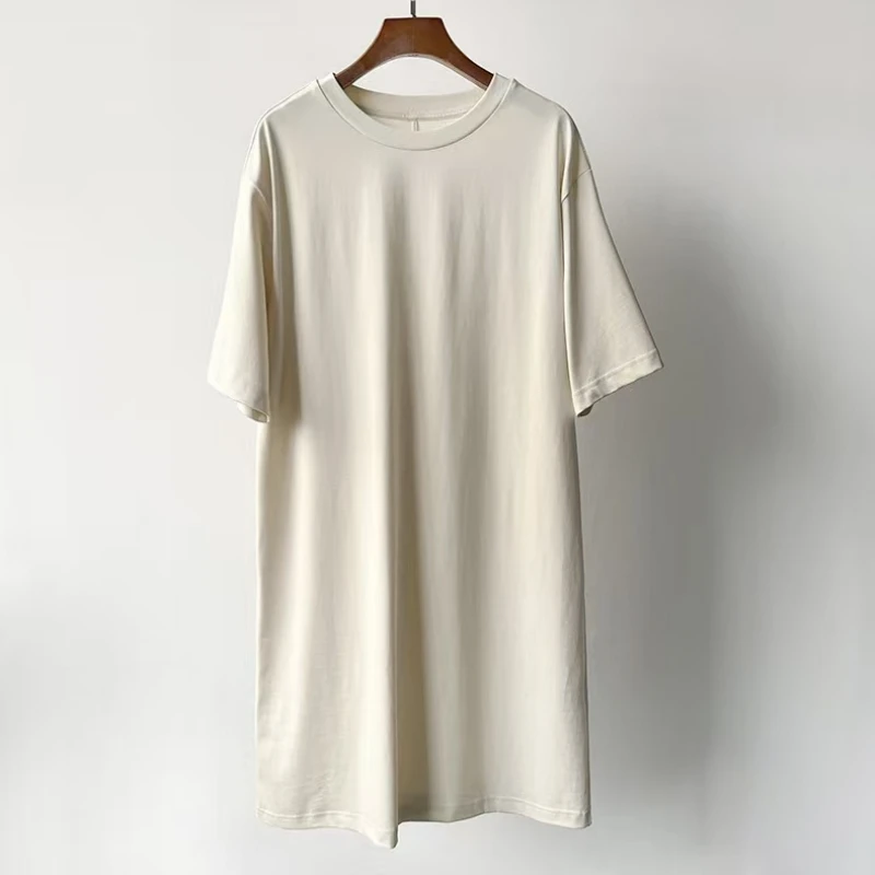 25 ปีฤดูร้อนสไตล์มินิมอลอเนกประสงค์กระชับสัดส่วนคอกลมหลวมความยาวกลางผ้าฝ้ายแขนสั้นชุดเสื้อยืด