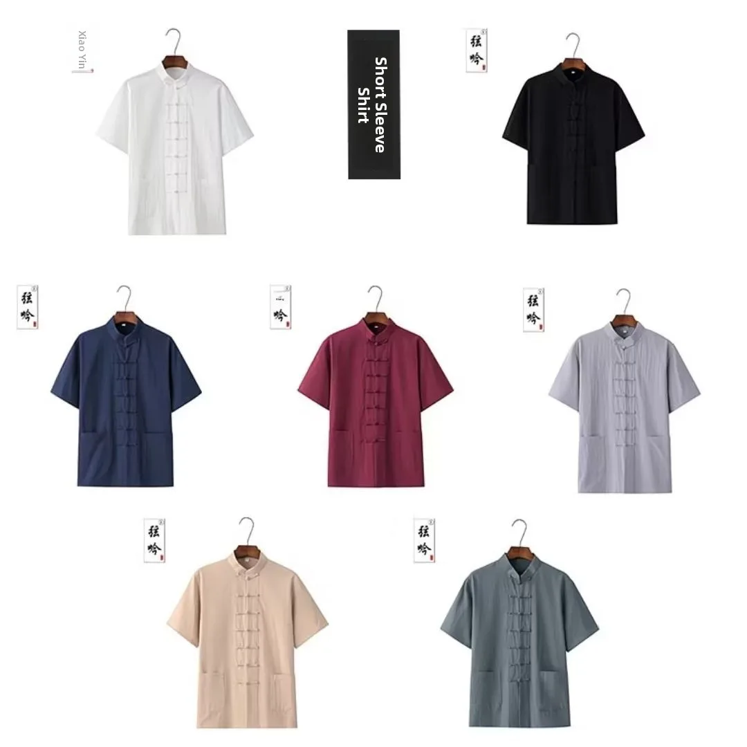 New Chinese Style Buttons Summer Short Sleeve Men's Cotton Linen Light Weight Tang Suit Male Female Middle Age Cotton Linen Top