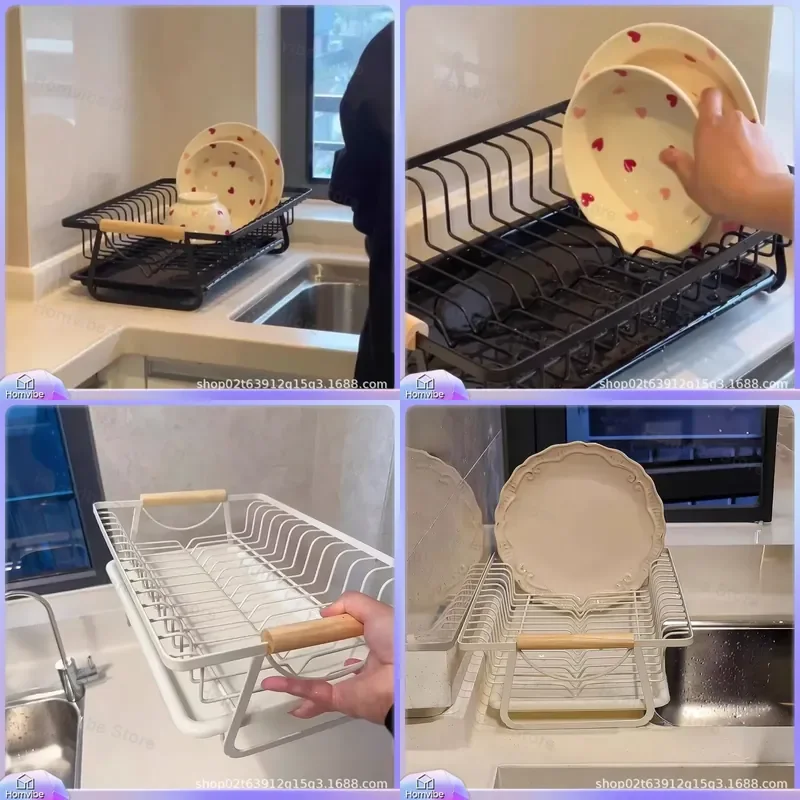 Kitchen Sink Side Drain Rack Countertop Dish Shelf Bowl Holder with Water Tray for Household Organization Storage