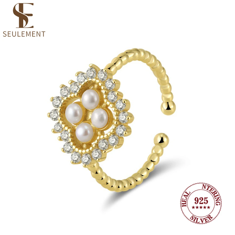 

Seulement Four Freshwater Natural Pearls Square Engagement Ring 925 Sterling Silver Zircon Pearl Rings for Women Luxury Jewelry