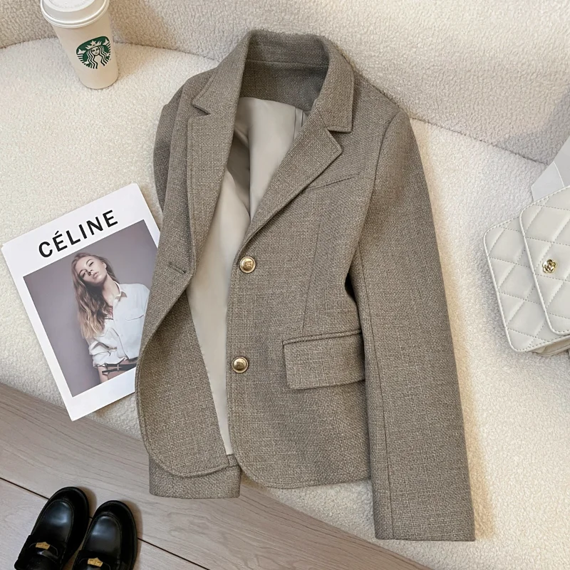 

Gray Green Wool Blend Short Blazer Women's Autumn Winter New Casual High-quality British Style Office Lady French Blazer