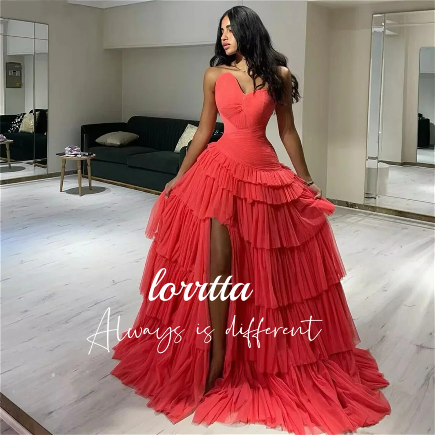 

Lorrtta Saudi Arabia A Line Evening Gown Strapless Sleeveless Ball Gown Layered Formal Occasion Dress Dubai فساتين Quinceanera