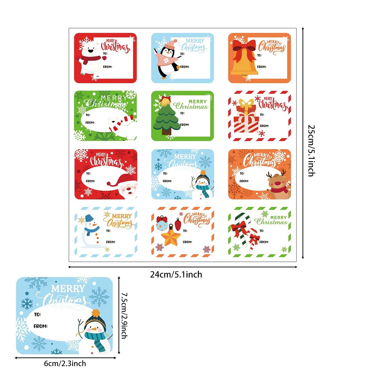 60pcs/5sheets Christmas Tags 27 Design Gift Sticker Name Tag with Santa Snowmen Xmas Tree Reindeer Bells Holiday Decorative Tag