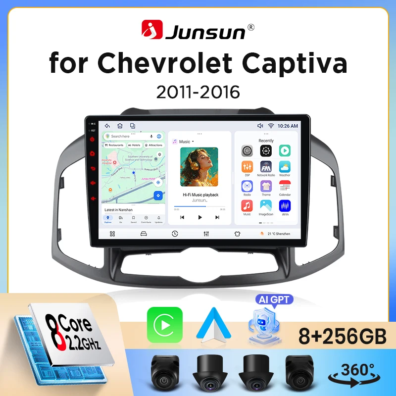 Image of Junsun Wireless CarPlay Android Auto Autoradio für Chevrolet Captiva (C140 Facelift) 2011-2018 mit eingebautem Lüfter, Android GPS-Navigation, Multimedia-Player, WiFi, DSP, RDS, BT, SWC,