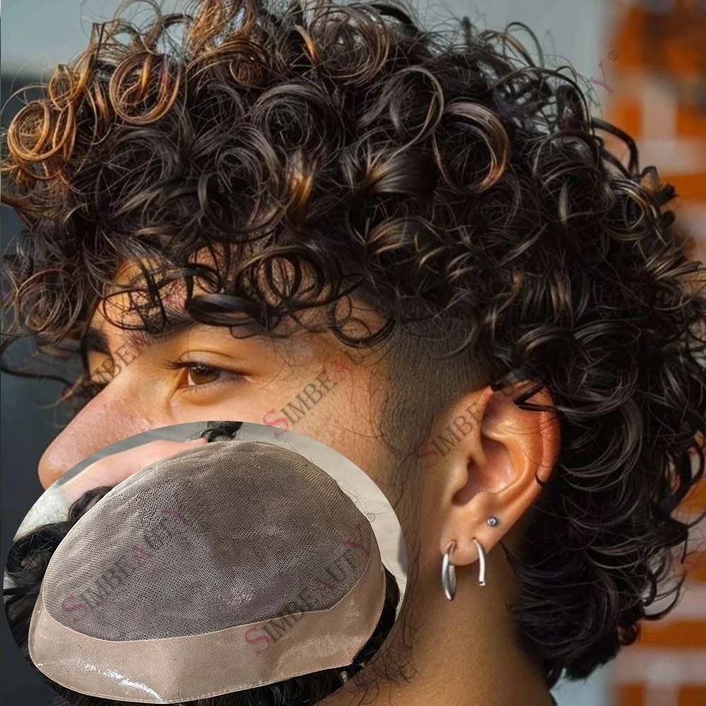 

Undetectable European Human Hair 15mm Afro Black Man Curly Toupee #4 Blonde 18mm Curly New Style Durable Fine Mono Base Hairpiec