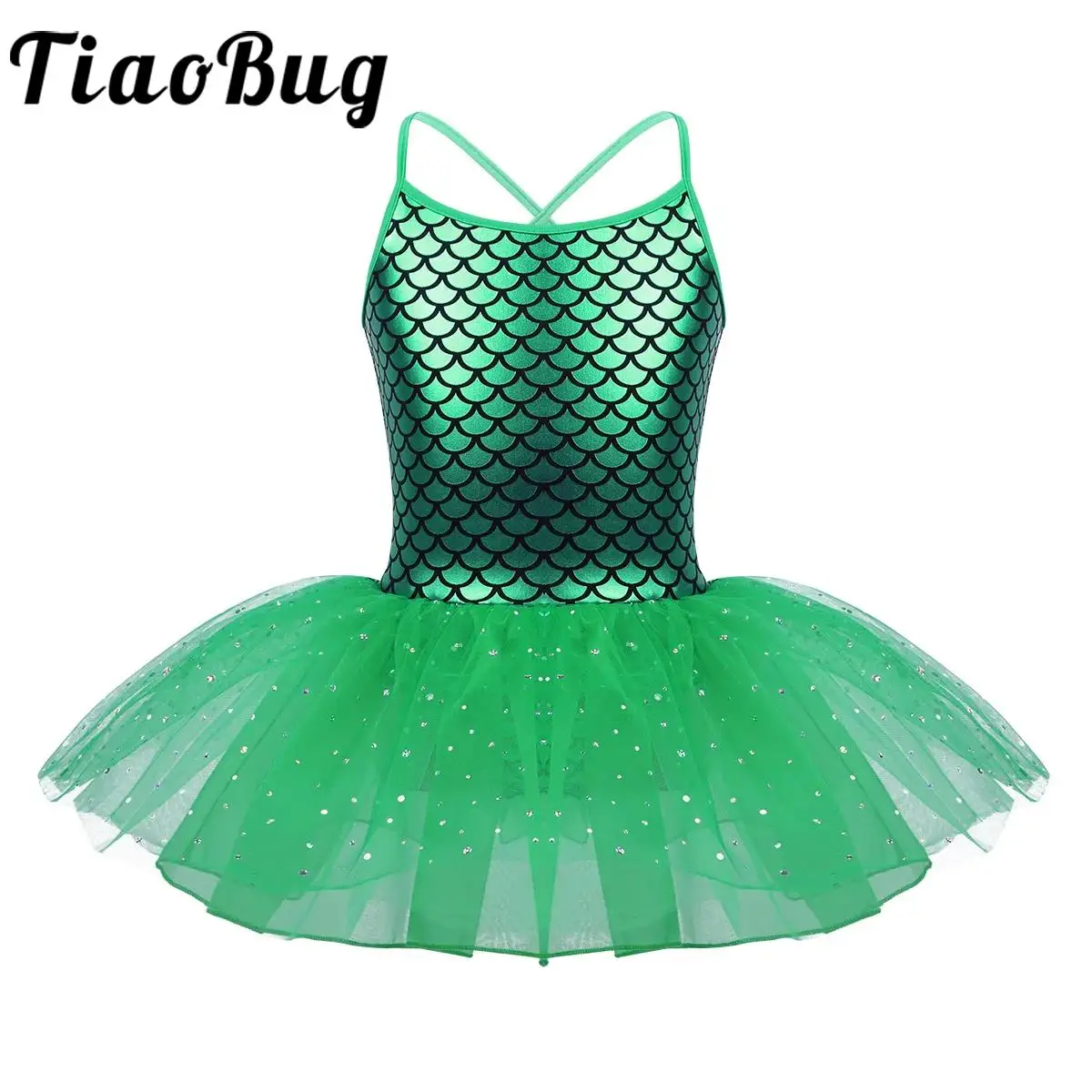 Kids Girls Glitter Mermaid Ballet Dance Dress Sleeveless Mesh Tutu Leotard Figure Skating Gymnastics Stage Performance Dancewear