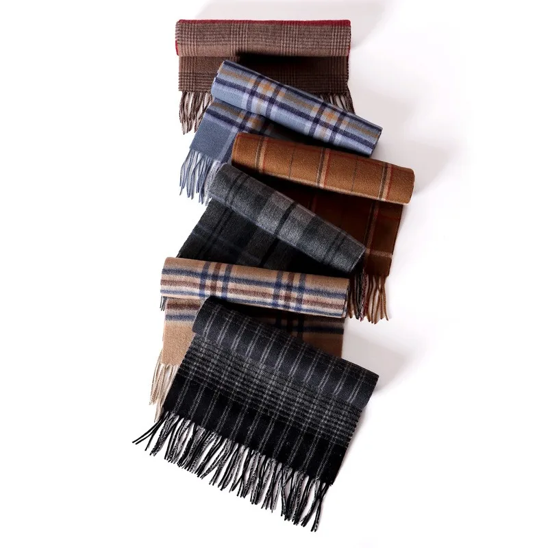 High Quality Autumn Winter 100% Wool Scarf Men Warm Versatile Classic Business Plaid Wool Muffler Women Thermal Gift Male Female