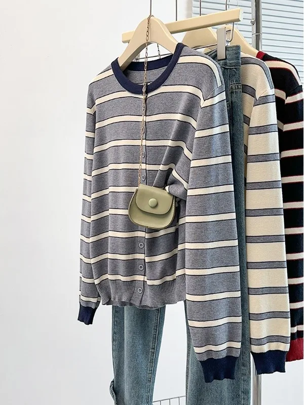 

Spring Casual Loose Knitted Long Sleeve round Neck Striped Top for plus Size Women Anti-fading Comfortable Breathable T-shirt