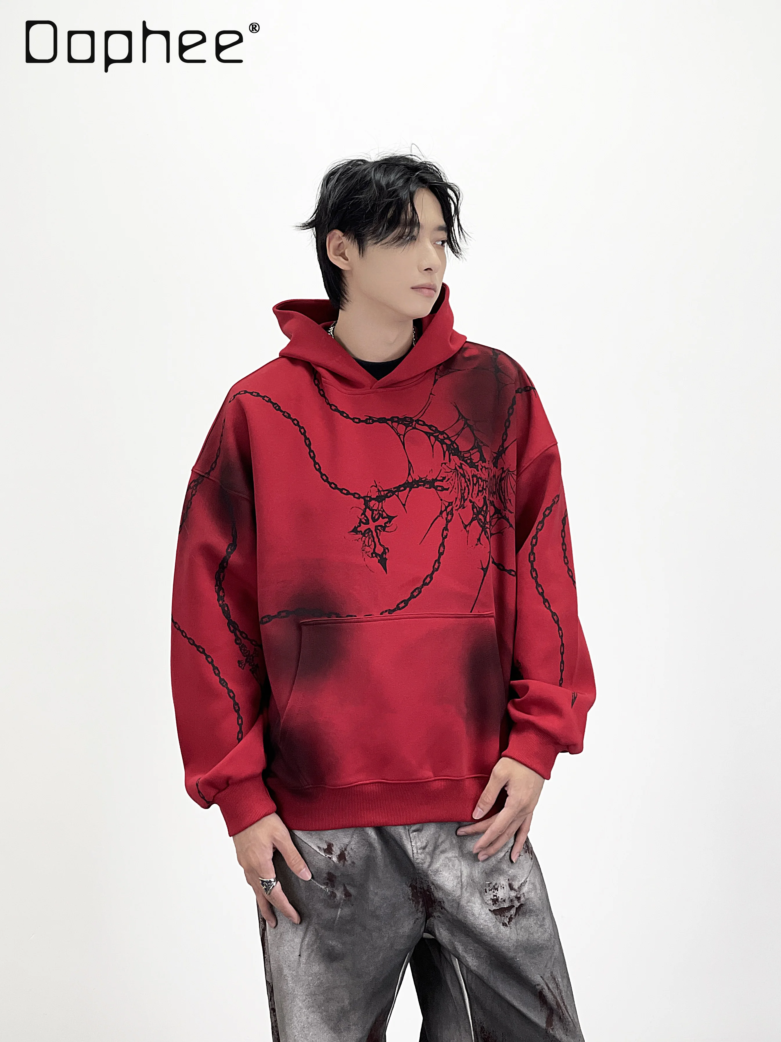 

2025 Spring and Autumn New Subculture Chain Print Tie-Dye Black Hoodie Street Style Men's Loose Casual Daily Red Hoodie