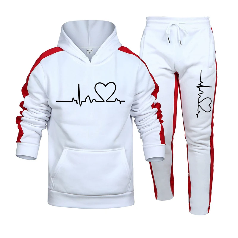 Autumn Winter Mens Tracksuit Heart Printing Hooded Sweatshirts 2 Pieces Set Fitness Jogging Sports Suit HotSales Casual Clothing