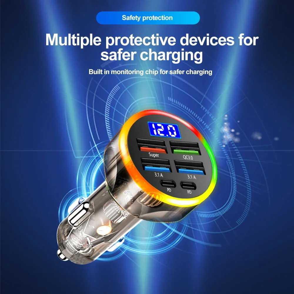 Carregador de Carro 200W QC3.0 Tipo-C com Carregamento Rápido e Case Transparente PD para iPhone 15 14 13 12 Xiaomi Poco Samsung