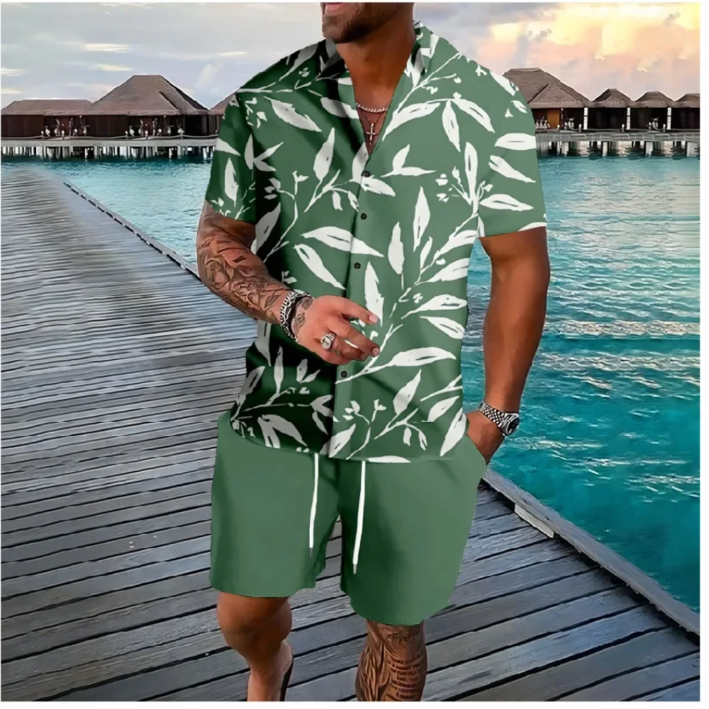 Fashion Color Leaf 3D Print Men Shirt Sets Short Sleeve Shirt Oversized Casual Beach Shorts Streetwear Hawaiian Suits Clothes