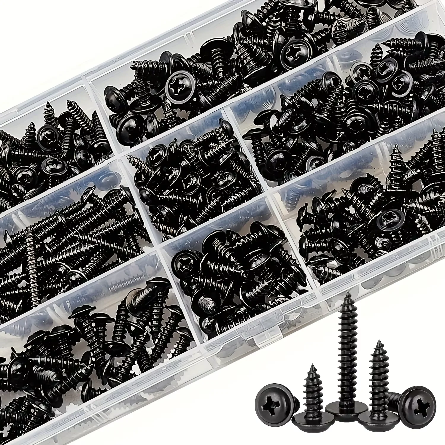 340pcs Self-Tapping Screw Set - M3/M4/M3.5/M5 Sizes, Pan Head Phillips Drive, Black Carbon Steel for Wood Furniture