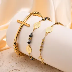 Muslim Stainless Steel Bracelets Cross Beaded Three-color Round Bead Our Lady Bracelet for Women Girls Islam Jewelry Gifts