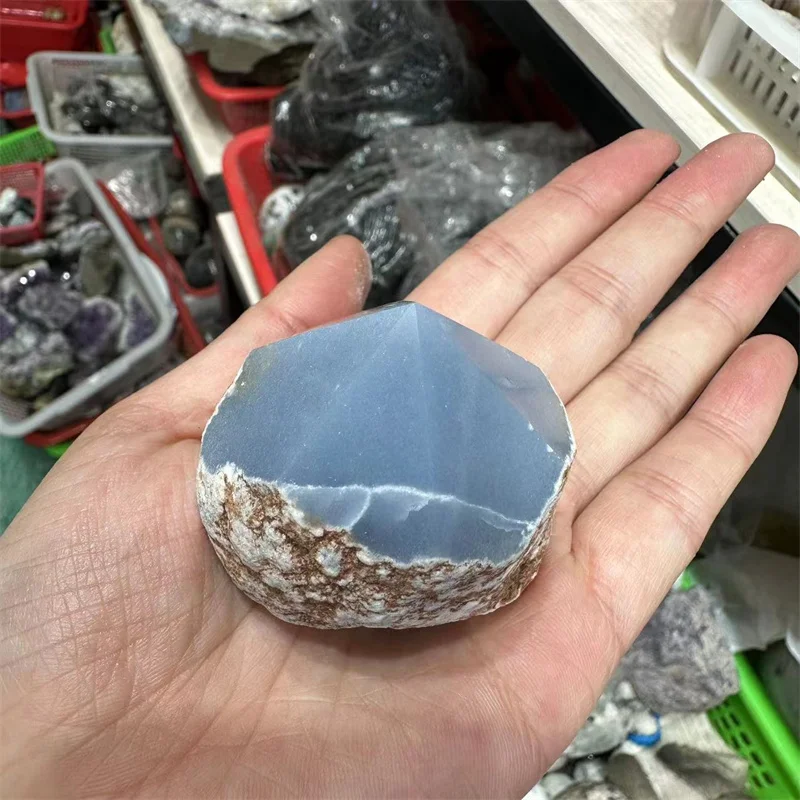 Angelite Stone 석영 크리스탈 광택 러프 타워 포인트 천연 원석, 치유 레이키 장식 공예