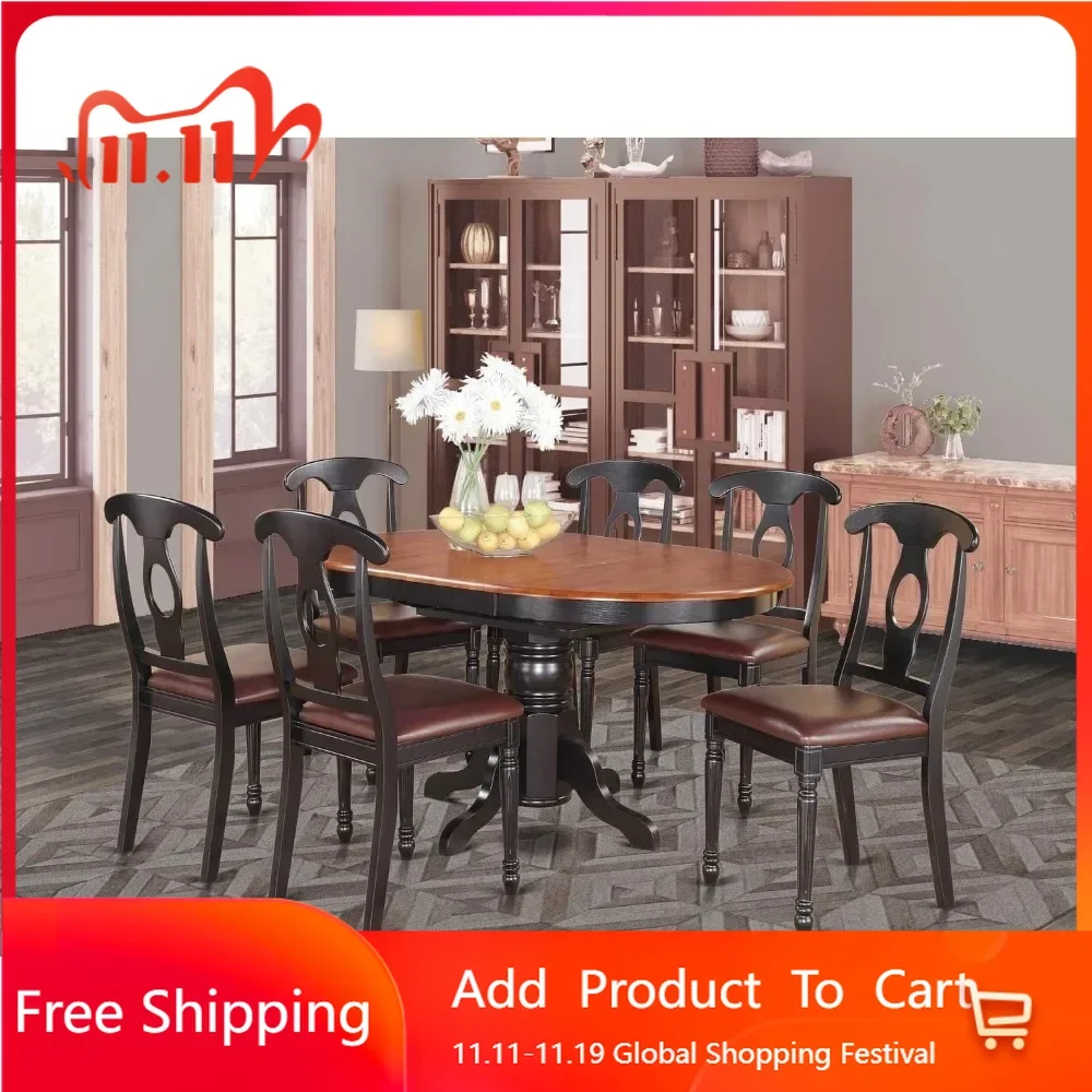 7 Piece Dining Table Set, Consist of Oval Table with Butterfly Leaf, 6 Faux Leather Upholstered Chairs, 42x60 In Dining Room Set