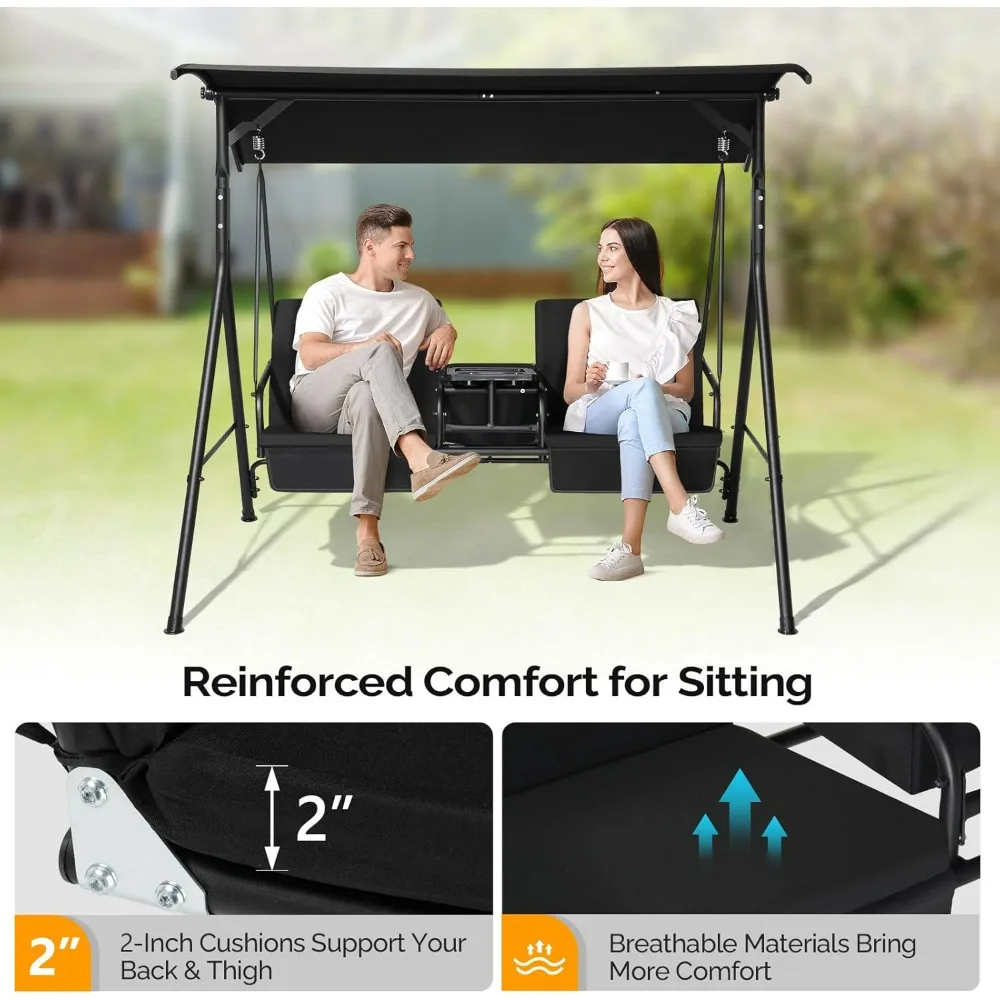 Outdoor Porch Swing with Canopy, Heavy Duty 550 LBS Canopy Swing with Cup Holder & Ice Bag & Cushions for Yard, Pool, Lawn