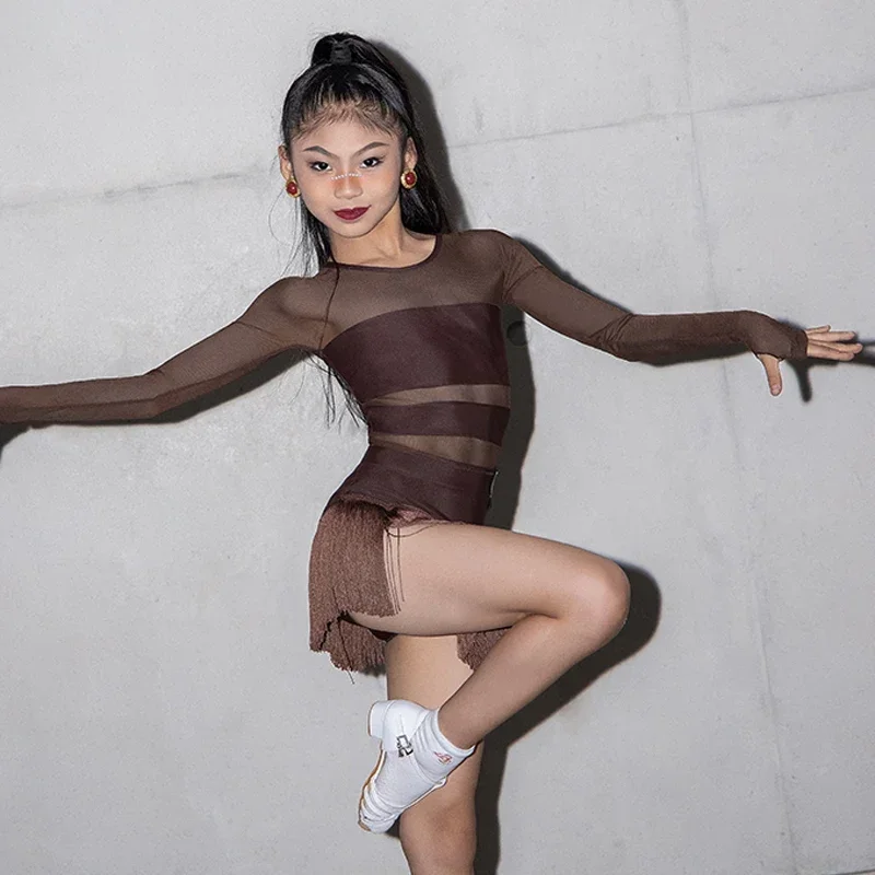 Latin Dance Dress Ballroom Dance Competition Costumes Girls Long Sleeved Latin Top Tassels Skirts Kids Stage Performance Wear