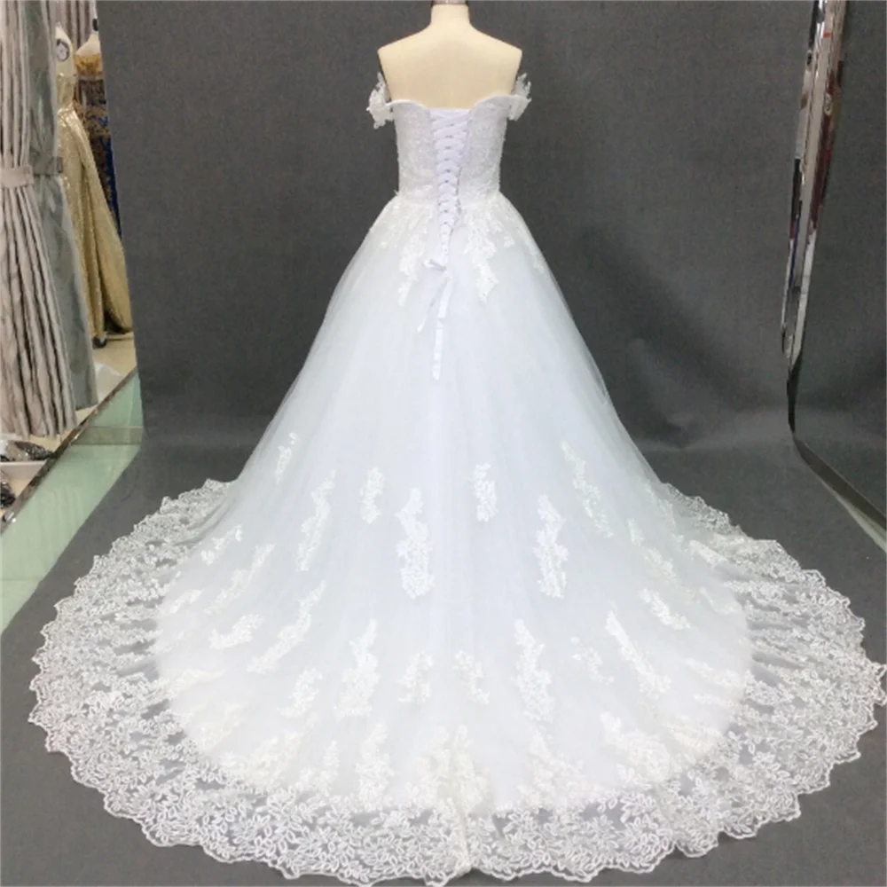 Luxury Princess Elegant Wedding Dresses For Woman Applique Lace Off Shoulder Sexy V Neck  Bride Gowns Customized 034