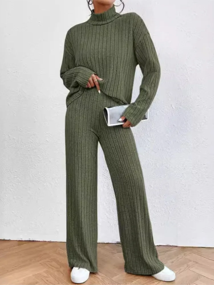 Casual Solid Color Knitted Pants Sets Women Long Sleeve Turtleneck Sweater Loose Trousers Two Piece Set Female Autumn Winter New