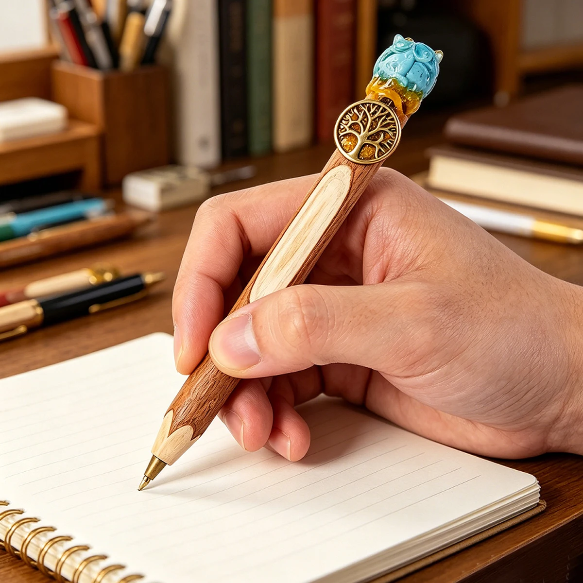 5pcs Natural Crystal Resin Owl Magic Wooden Ballpoint Pen Crystal Craft Scepter Signing Pen Festival Gift