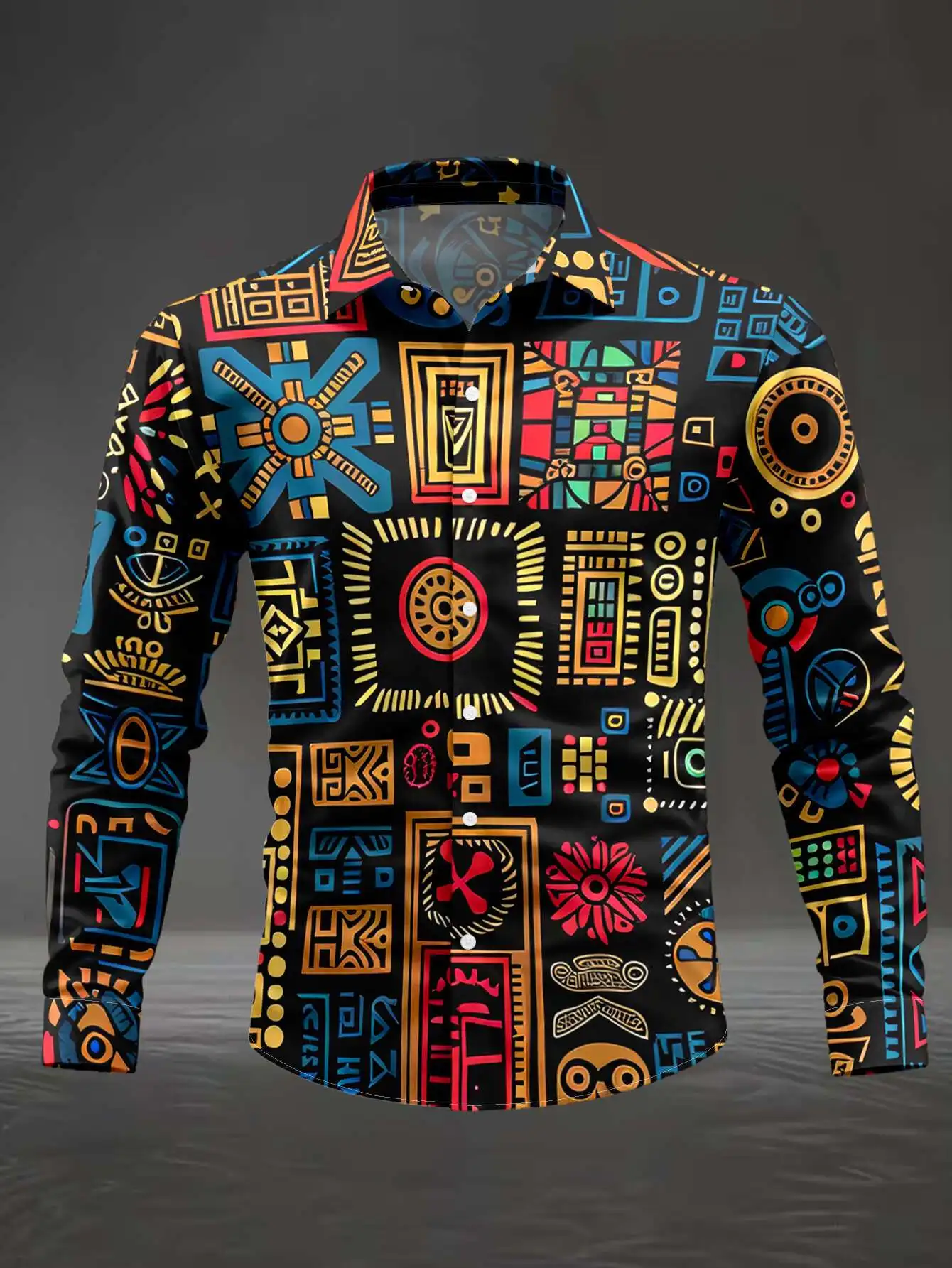 Men African Tribal Ethnic Geometric Print Long Sleeve Shirt Turn‑Down Collar Button‑Up Polyester Festival Blouse